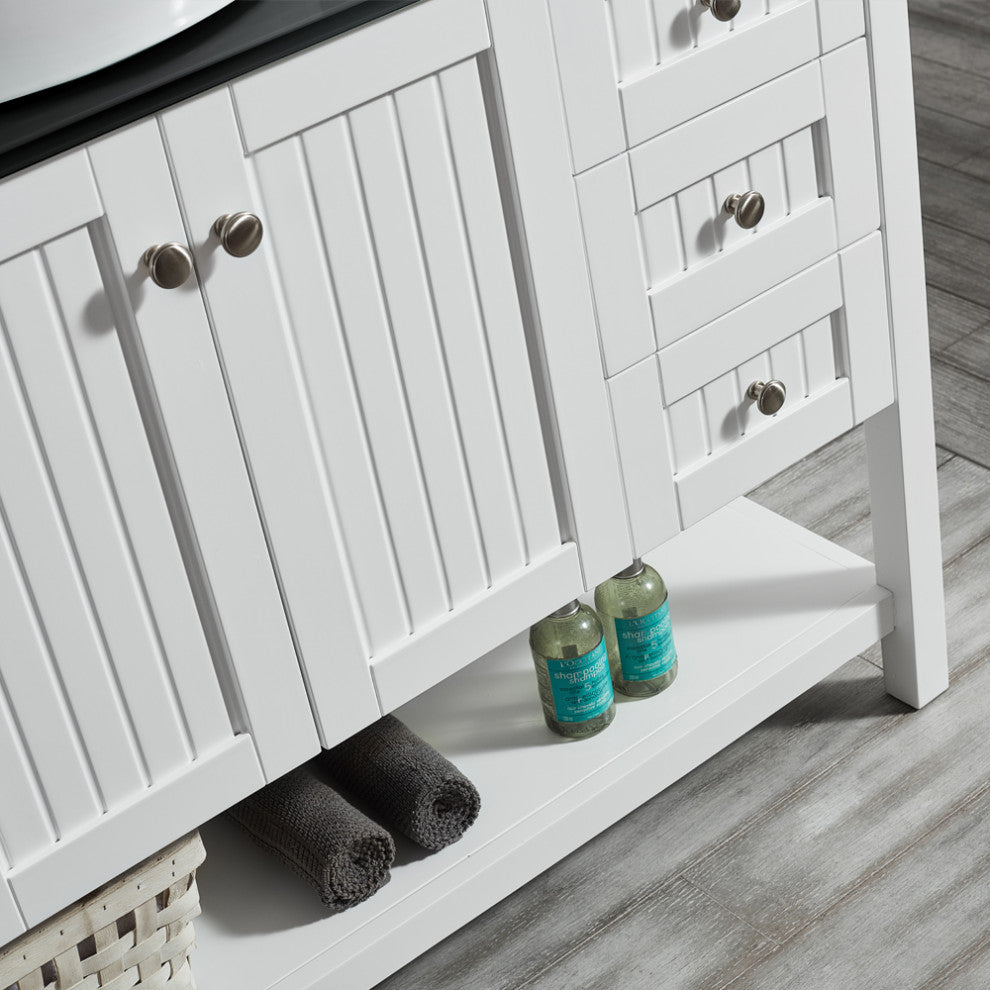 48"? Vanity in White with Glass Countertop with White Vessel Sink With Mirror