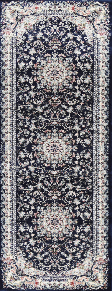 Navy Blue Floral Medallion Transitional Turkish Rug Oriental Carpet 3x8