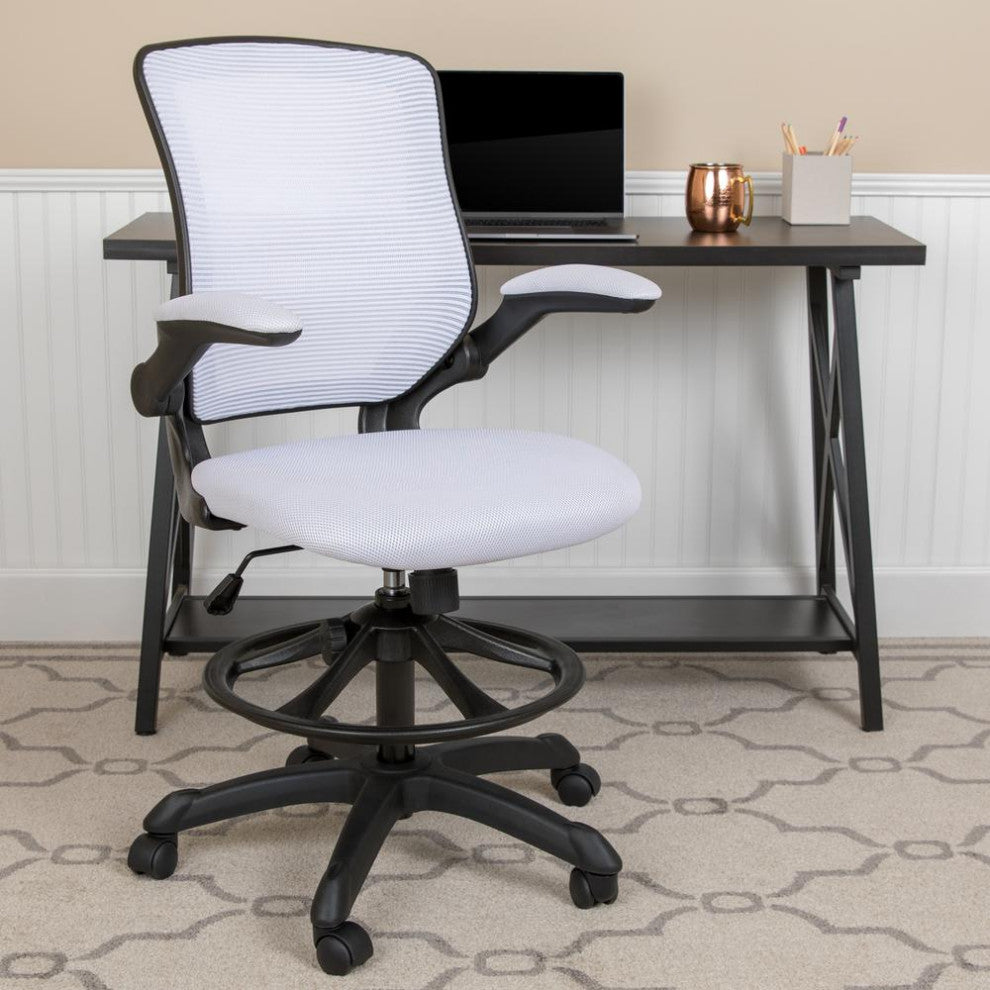 Mid-Back Mesh Ergonomic Drafting Chair With Adjustable Foot Ring, White