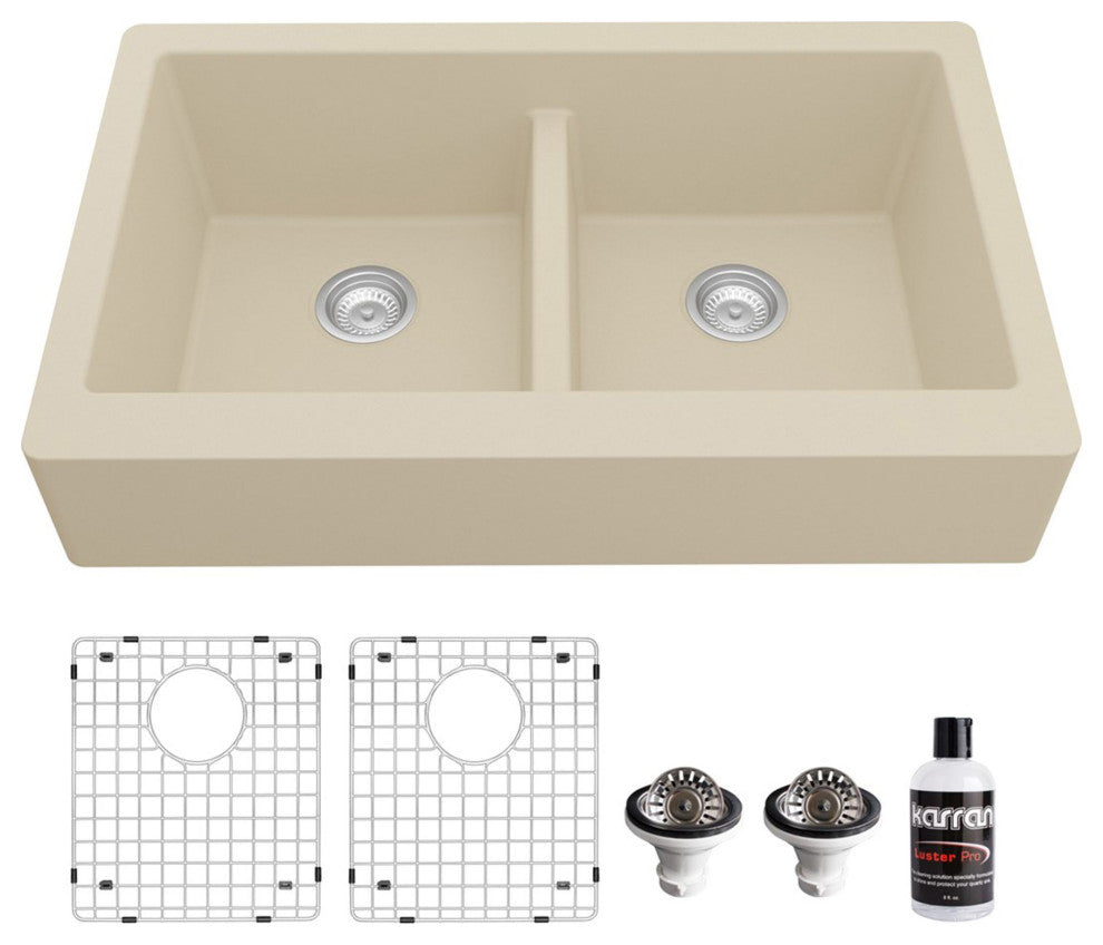 Karran Retrofit Farmhouse Quartz 34" Double Bowl Sink Kit, Bisque