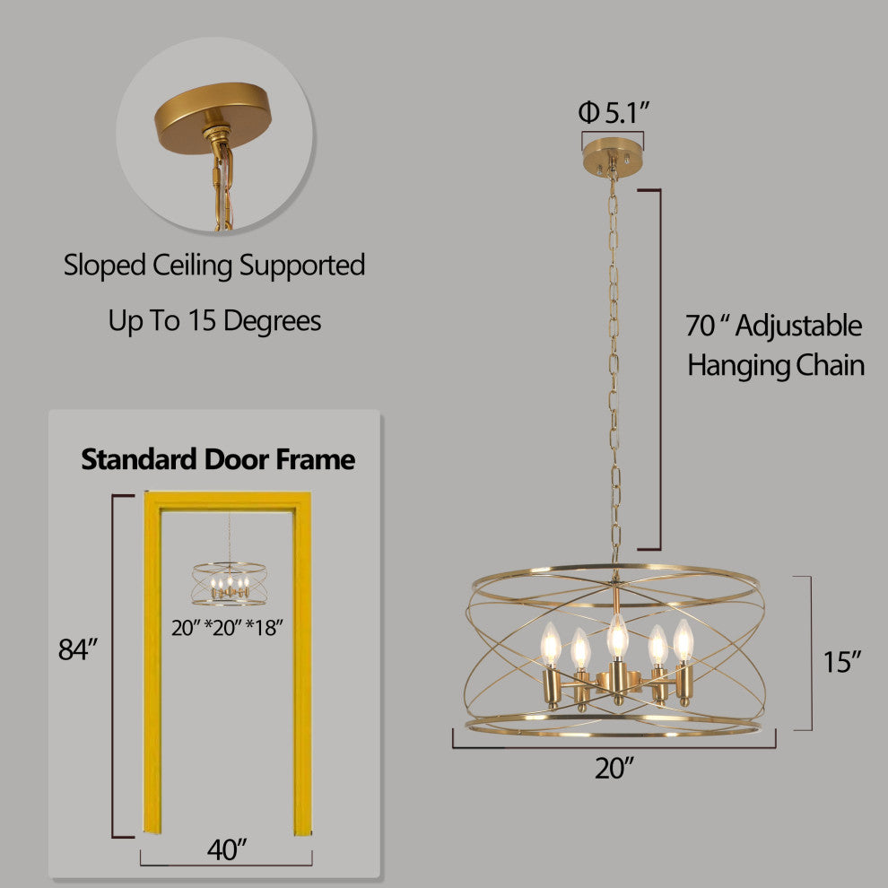 0" Modern Brass Chandelier w 6 Lights, 70 inch Adjustable Hanging Chain