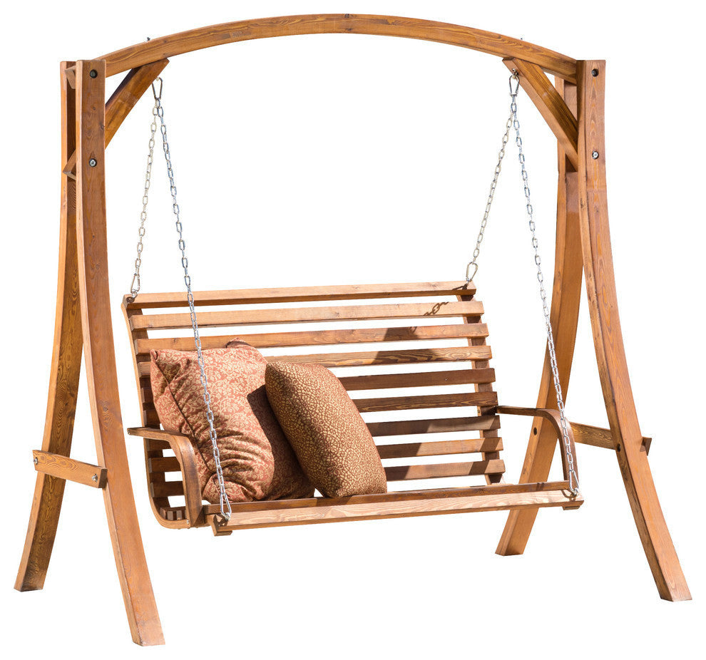 GDF Studio Marlette Outdoor Teak Stained Wood Swinging Bench And Base