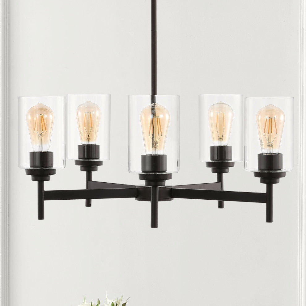 Orpheus 24" 5-Light Farmhouse Cylinder LED Chandelier, Oil Rubbed Bronze/Clear