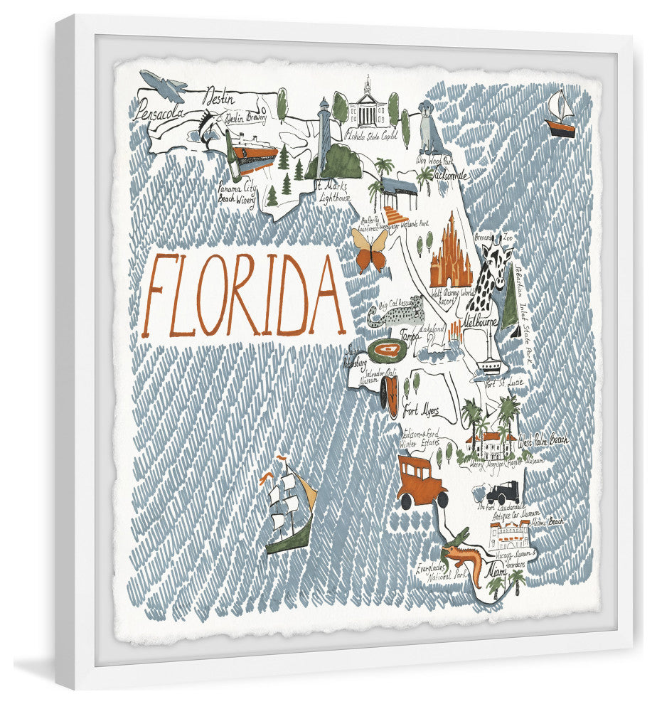 "Florida Illustrated Map II" Framed Painting Print, 32x32