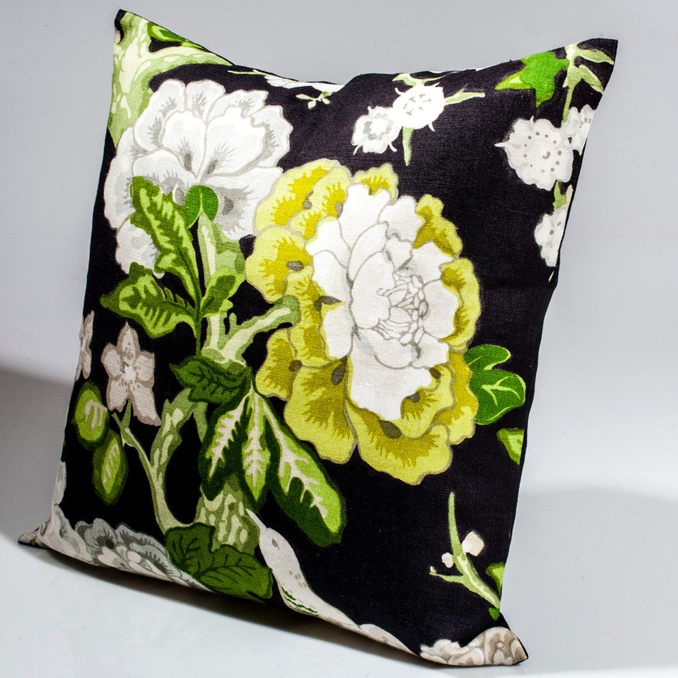 Schumacher Designer Pillow Cover Floral On Black, 24x24