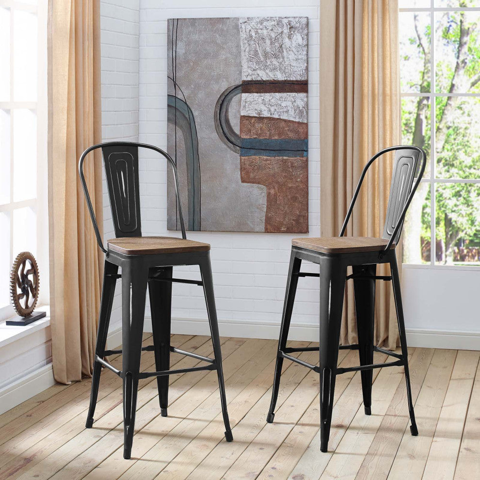 Bar Stool Chair Barstool, Set of 2, Wood, Metal, Black, Modern, Bar Pub Bistro