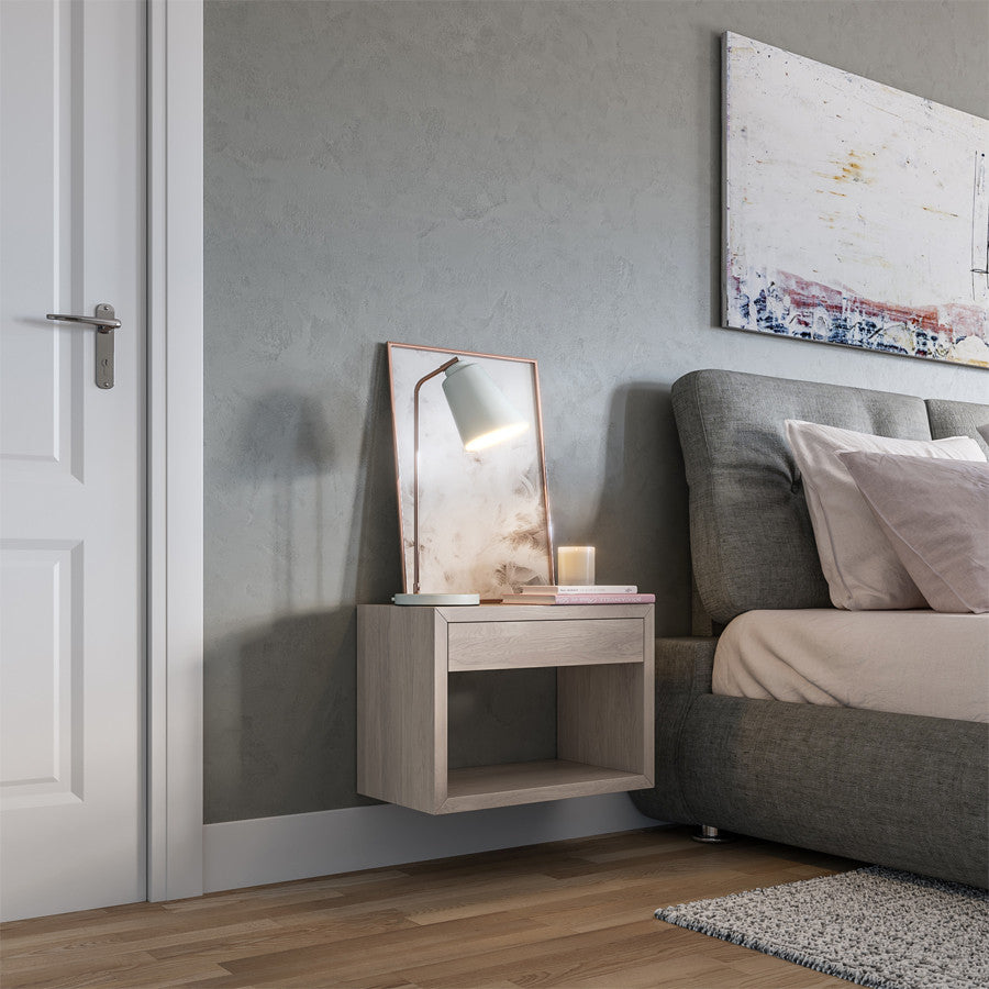 Floating Nightstand Cubic Hugo with Drawer wide, White Birch