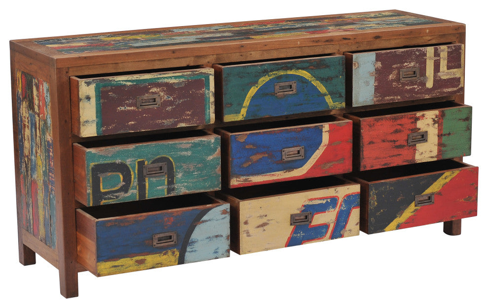 Dresser / Chest With 9 Drawers Made From Recycled Teak Wood Boats