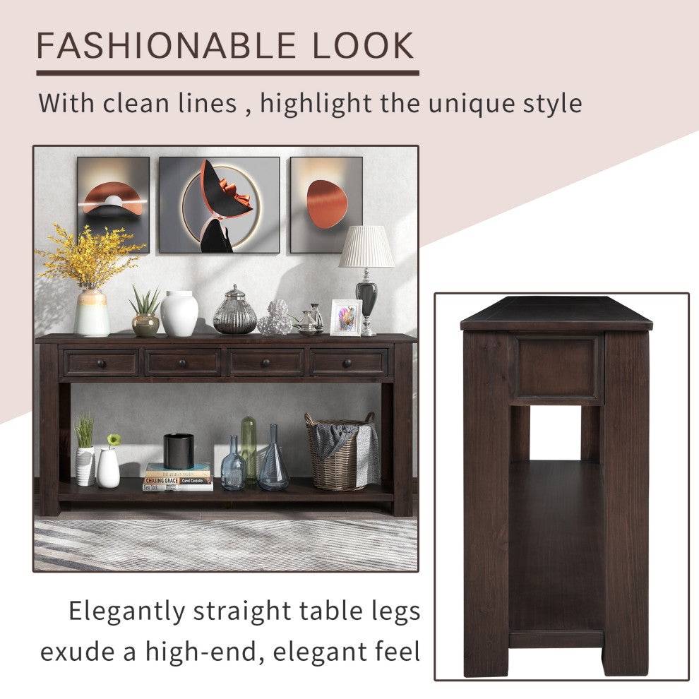 TATEUS 63" Console Table Hallway Sofa Table With Storage Drawers Bottom Shelf, Espresso