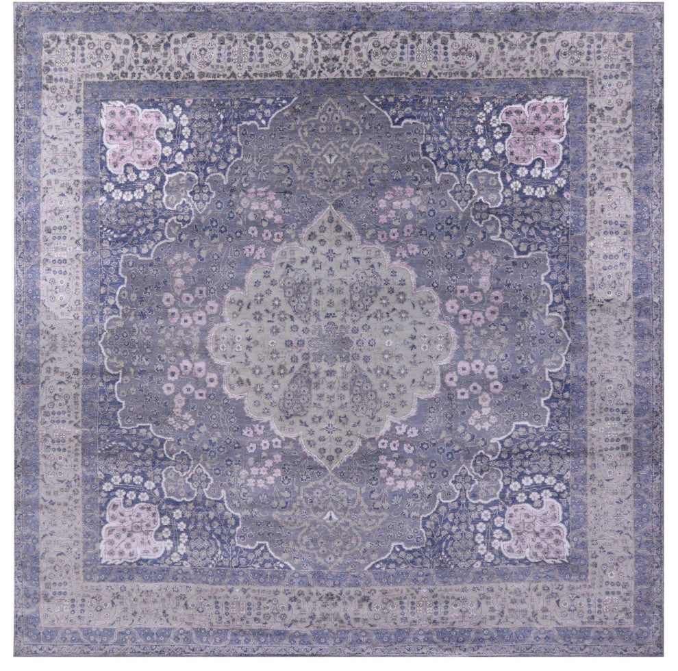 8' Square Persian Tabriz Wool and Silk Hand Knotted Rug Q12096