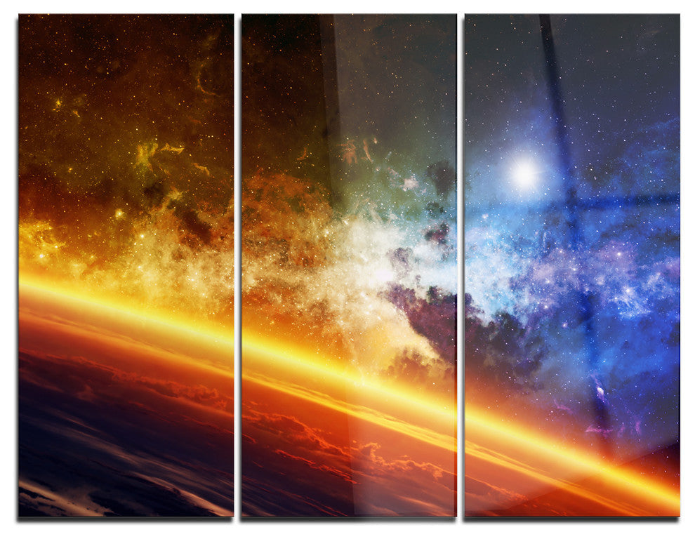 "Glowing Planet" Digital Spacescape Metal Wall Art, 3 Panels, 36"x28"