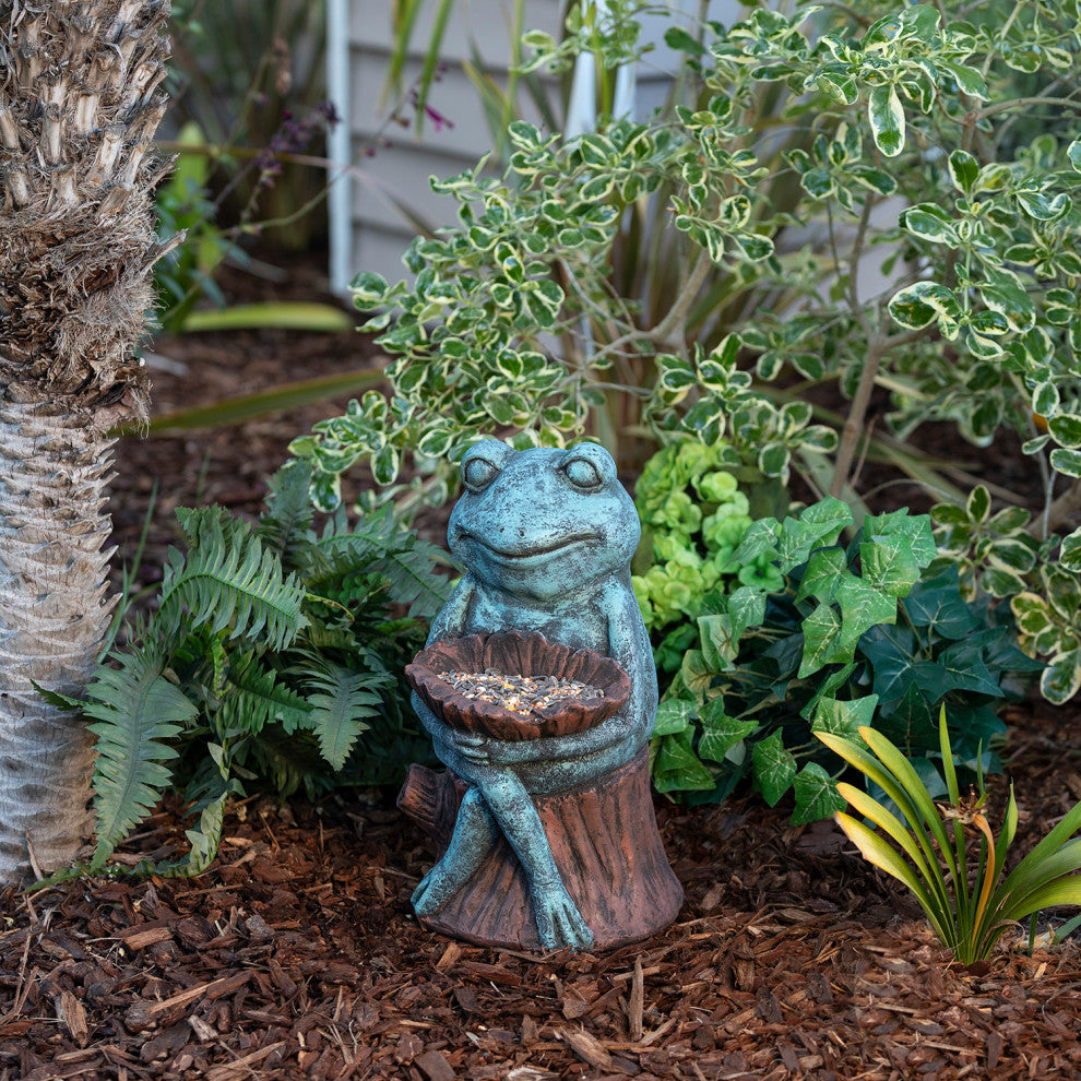 Alpine Green Sleeping Frog Holding a Flower Statue, 15"Tall