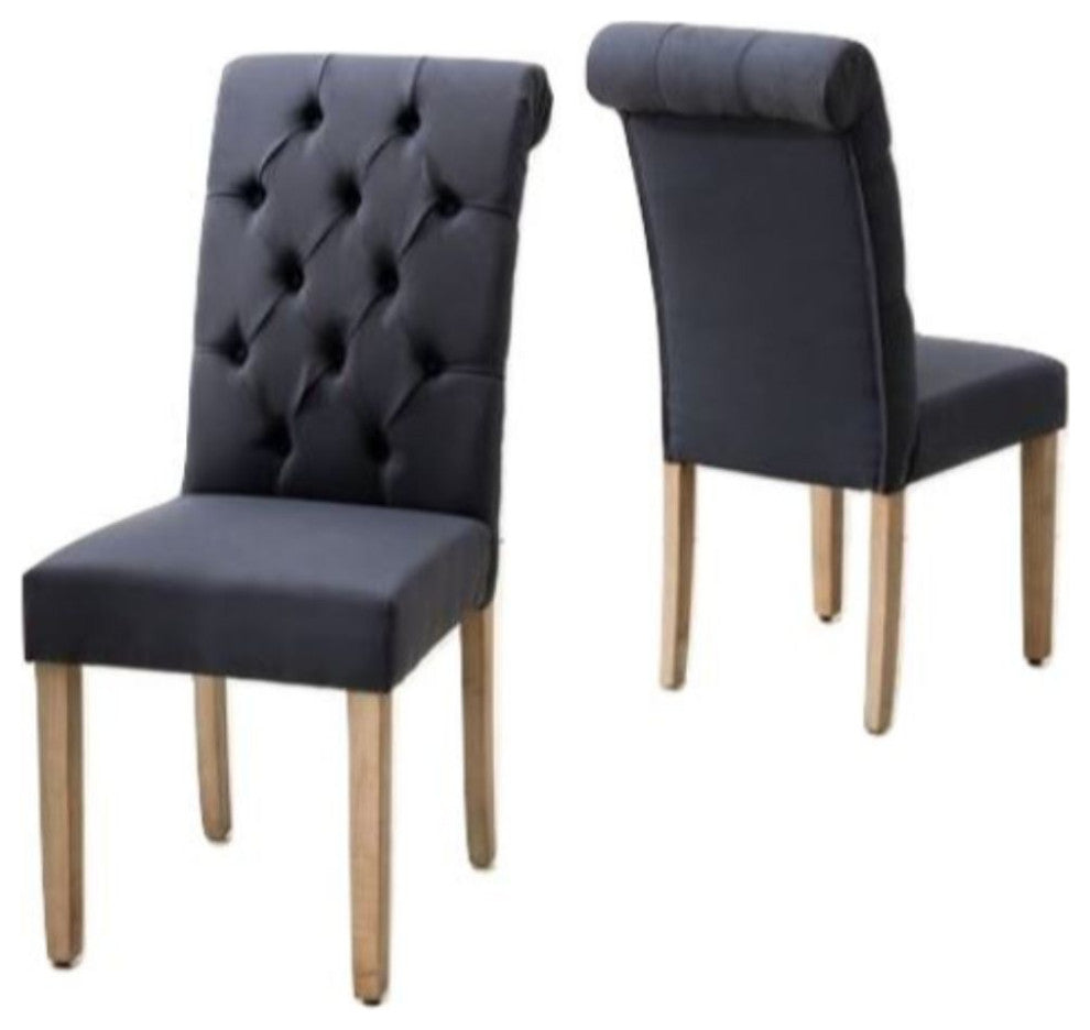 HomeRoots Blue Roll Top Tufted Linen Fabric Modern Dining Chair, a Set of 2