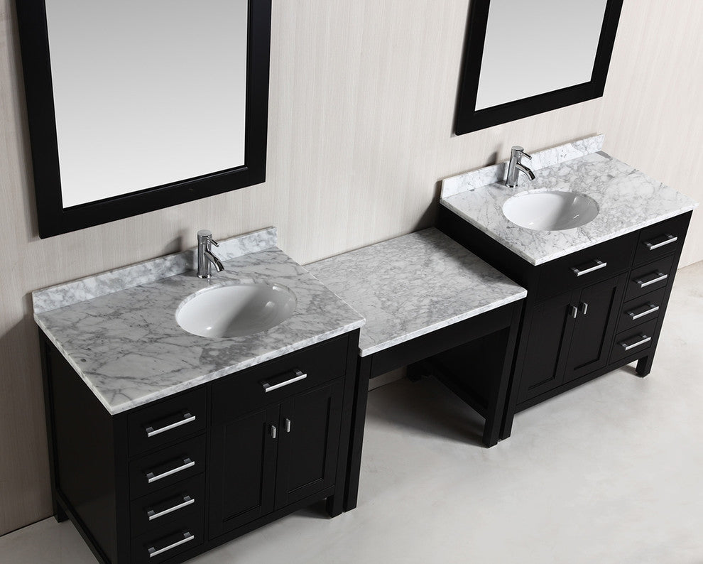 Two London 36" Single Sink Vanity Set With One Make-Up Table, Espresso