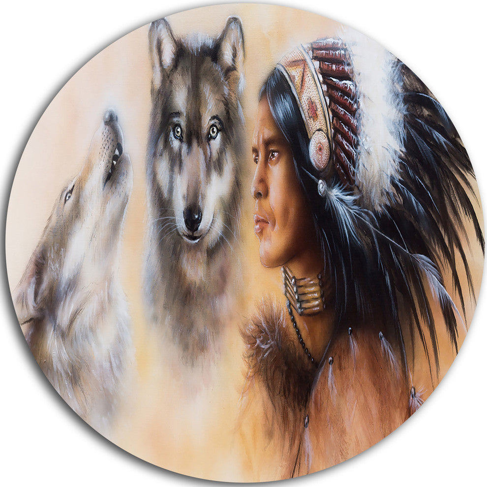 Indian Warrior With Two Wolves, Animal Disc Metal Wall Art, 11"