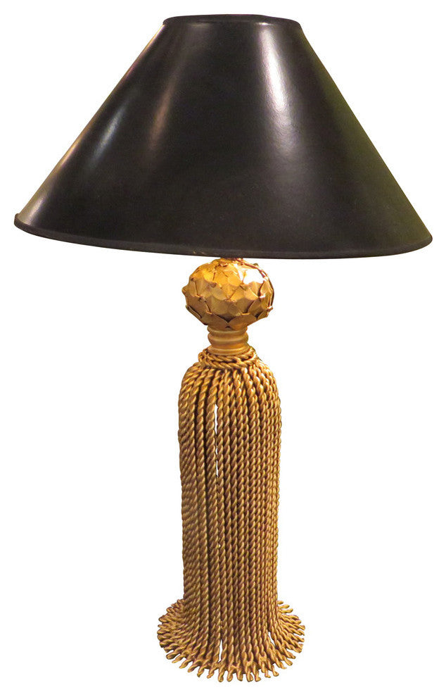 28" Gold Iron Tassel Table Lamp, Cottage Contemporary Romantic Ornate Black