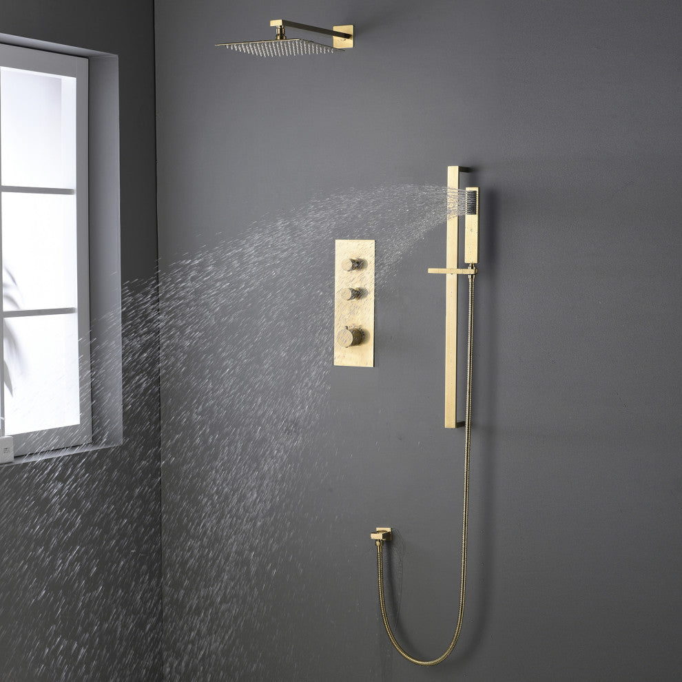Thermostatic Rain Shower System with Hand Shower-Includes Rough-in Valve, Brushed Gold