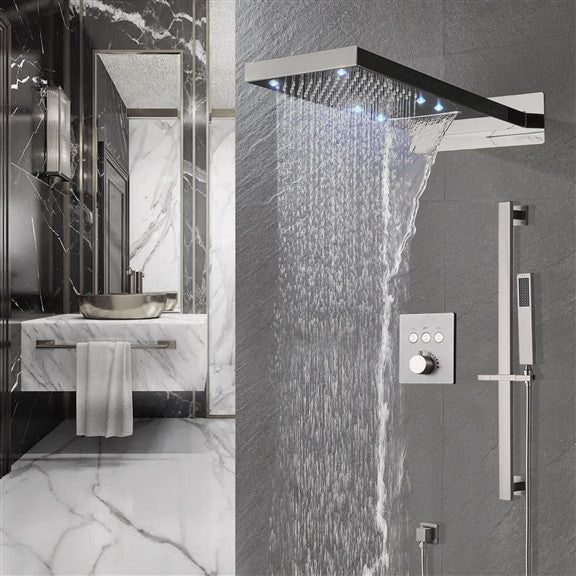 Favara 22" Brushed Nickel Rainfall Shower System With Handheld Shower, Led
