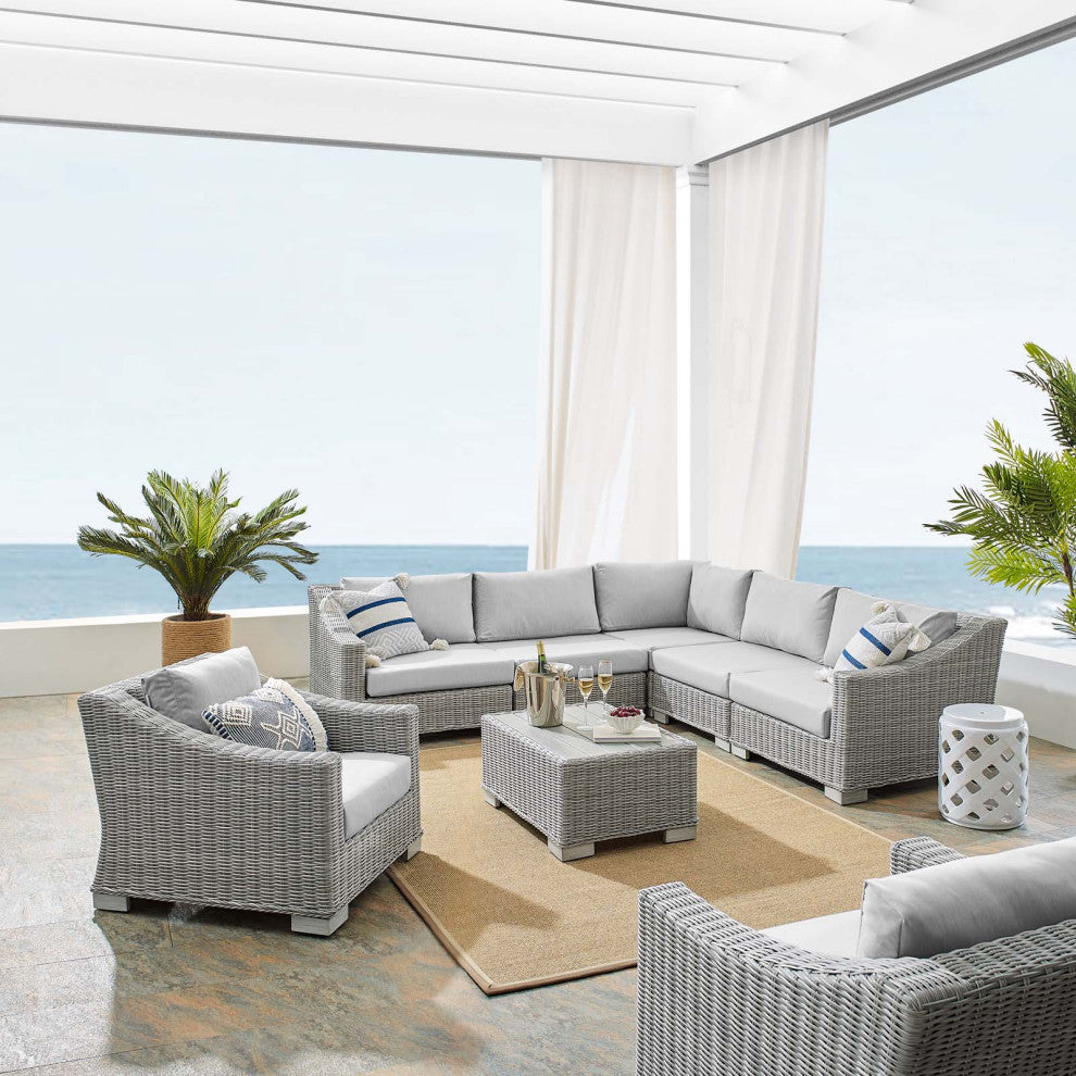 Lounge Sectional Sofa Chair Table Set, Rattan, Wicker, Gray, Outdoor