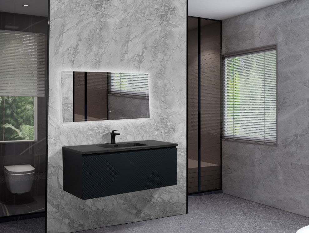 Matte Black Wall Mount Bath Vanity, Integrated Sink, Black Sink, 48"
