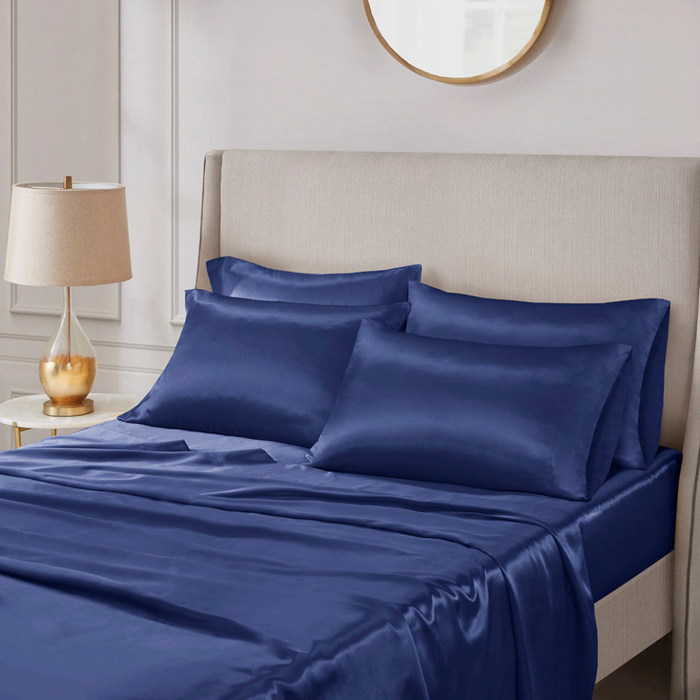 Madison Park Essentials Satin Luxury 6 PC Sheet Set, Navy