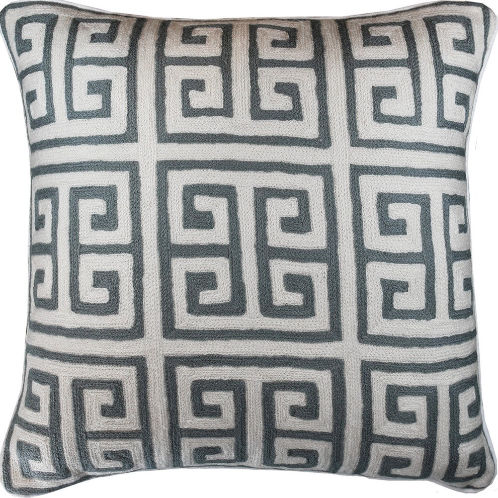 Greek Key Geometric Ivory Gray Accent Pillow Cover Handembroidered Wool 20x20"
