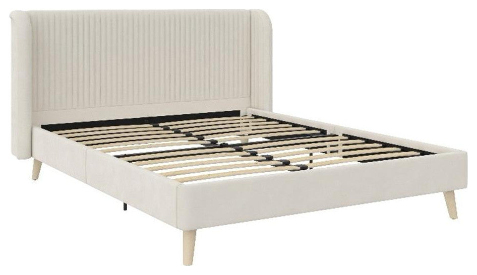 Novogratz Holly Upholstered Wingback Bed Frame in Queen in Ivory Velvet