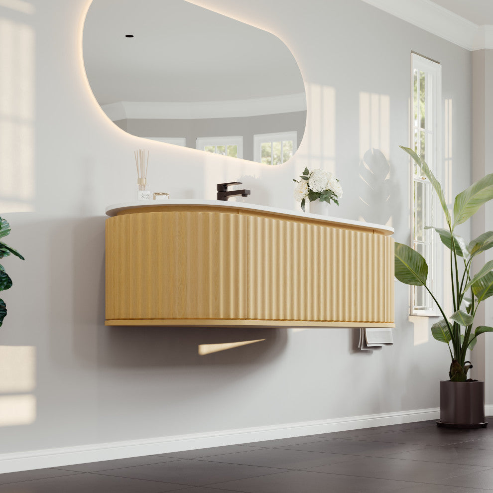 Eviva Haven 55" Oak Wallmount Vanity With White Solid Surface Integrated Top