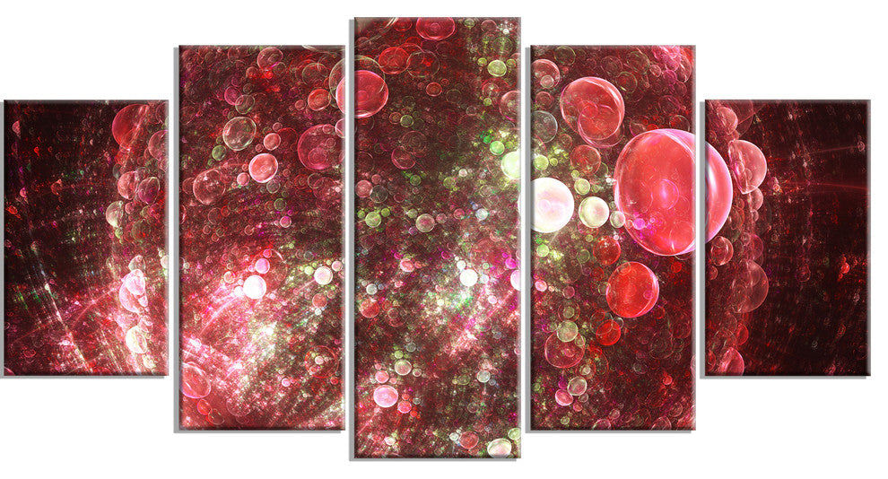 Red Spherical Planet Bubbles, Contemporary Canvas Art Print, 60"x32", 5 Panels