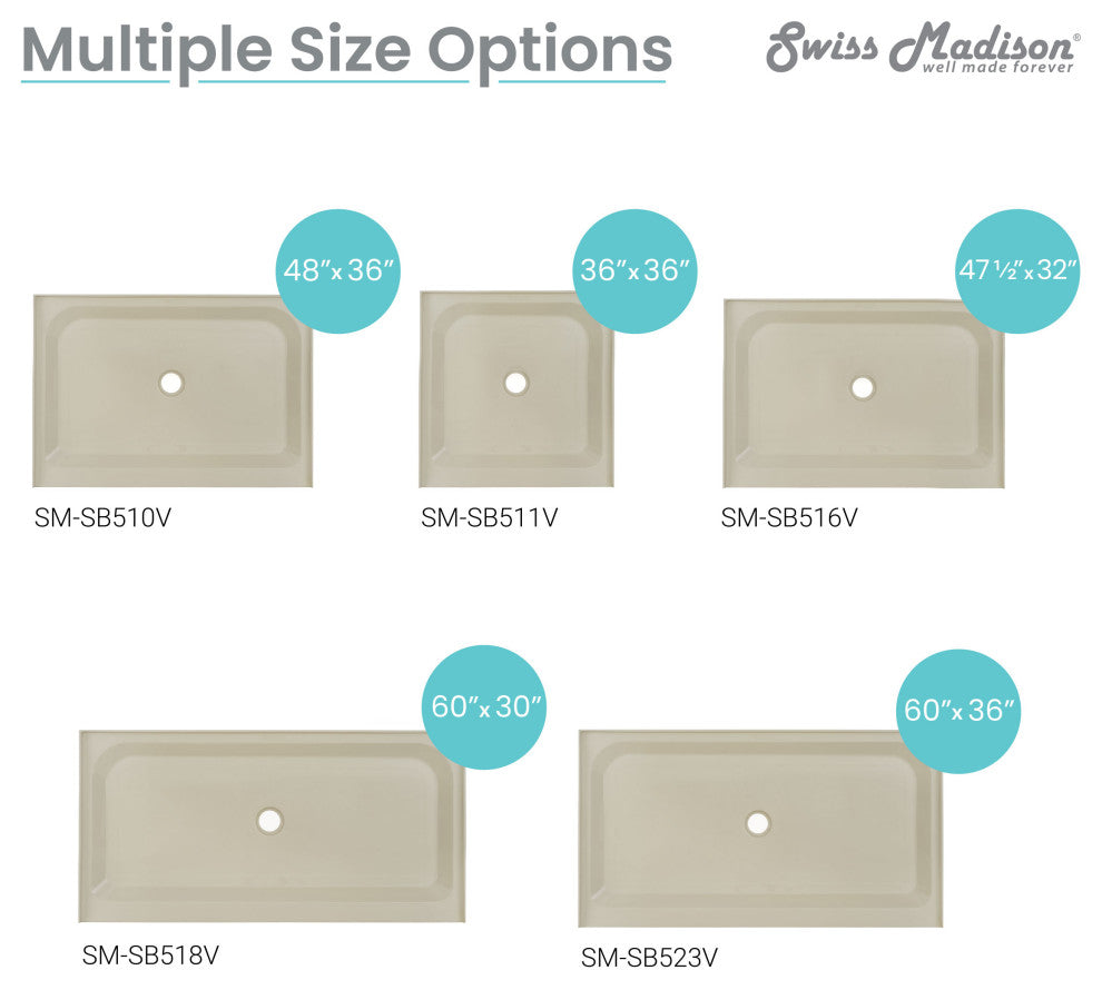 Voltaire 60"x36" Single-Threshold, Center Drain, Shower Base, Biscuit