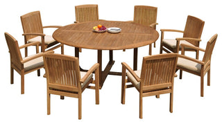 9-Piece Outdoor Teak Dining Set: 72" Round Table, 8 Wave Stacking Arm Chairs