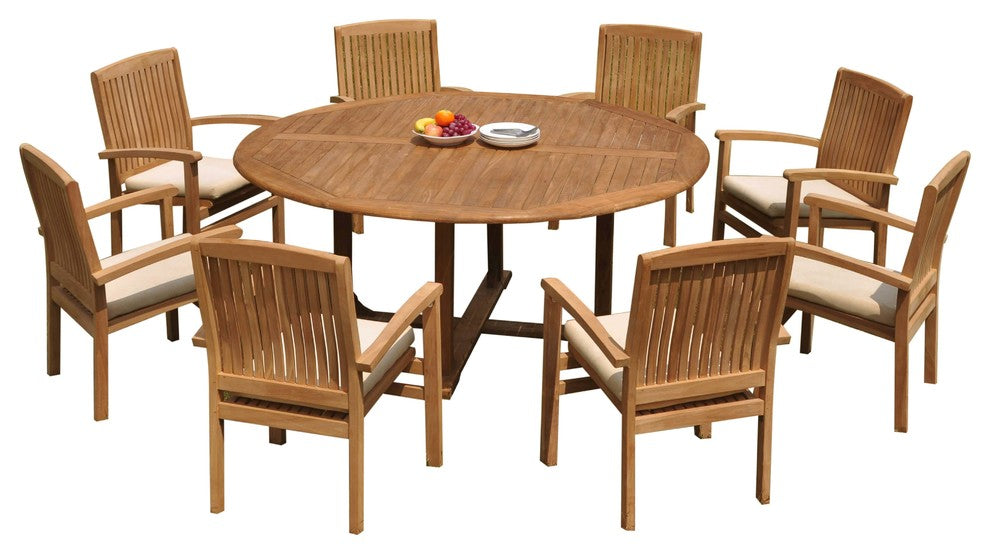 9-Piece Outdoor Teak Dining Set: 72" Round Table, 8 Wave Stacking Arm Chairs
