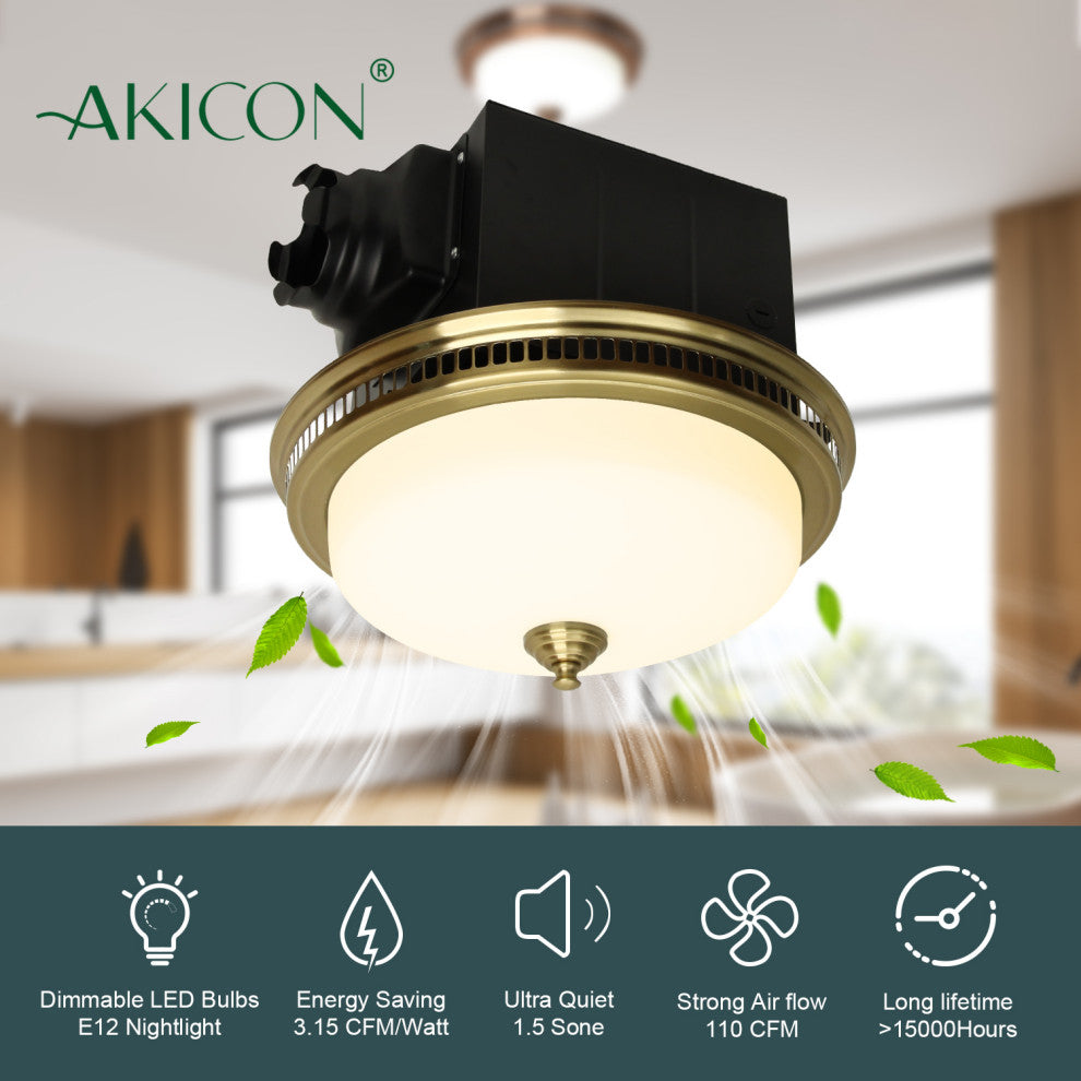 Bathroom Exhaust Fan With LED Light and Nightlight 110CFM 1.5 Sone Brushed Gold