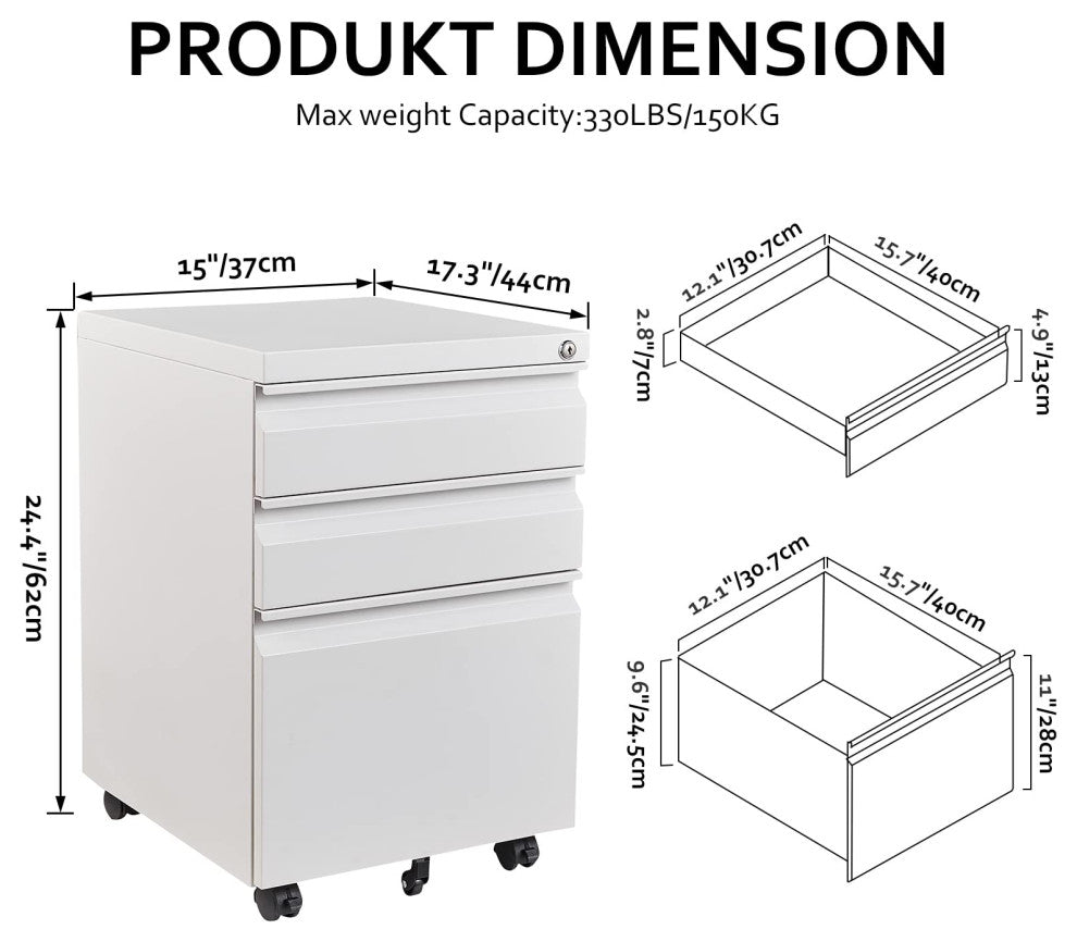 3 Drawer Mobile File Cabinet Under Desk Storage File Cabinets, White