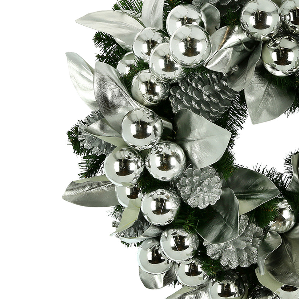 28" Holiday Wreath with Shiny Leaves, Ornaments and Pinecones