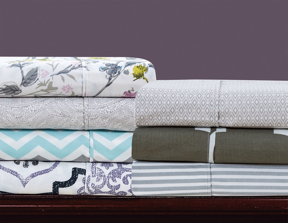 Bibb Home 4 Piece Printed Microfiber Sheet Set, Aqua Chevron, Full
