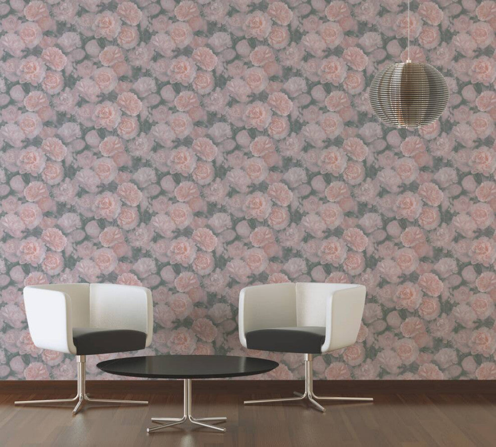 Floral Textured Wallpaper, Peony Flowers, 374021, Pink Rose Gray, 1 Roll