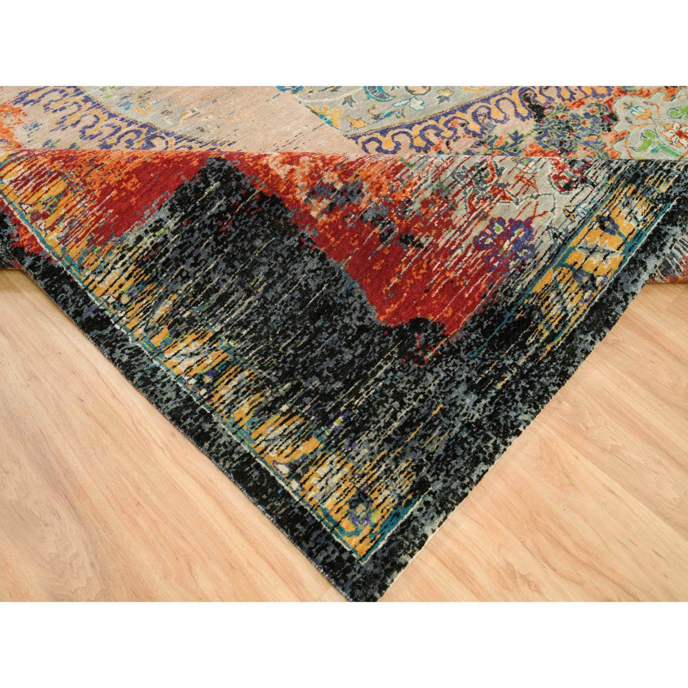 Orange Wool Hand Knotted Ancient Ottoman Erased Design Square Rug 12'1"x12'1"