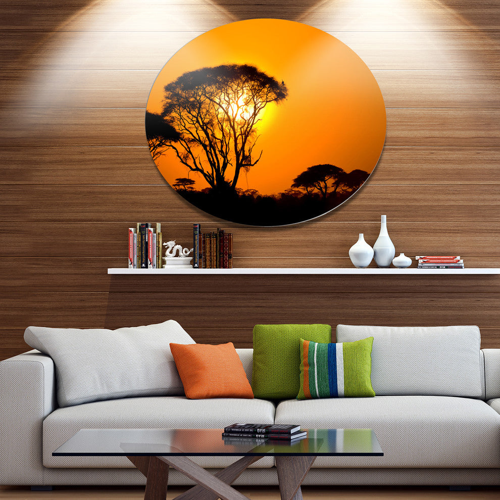 Beautiful African Sunset In Savannah, African Disc Metal Wall Art, 11"
