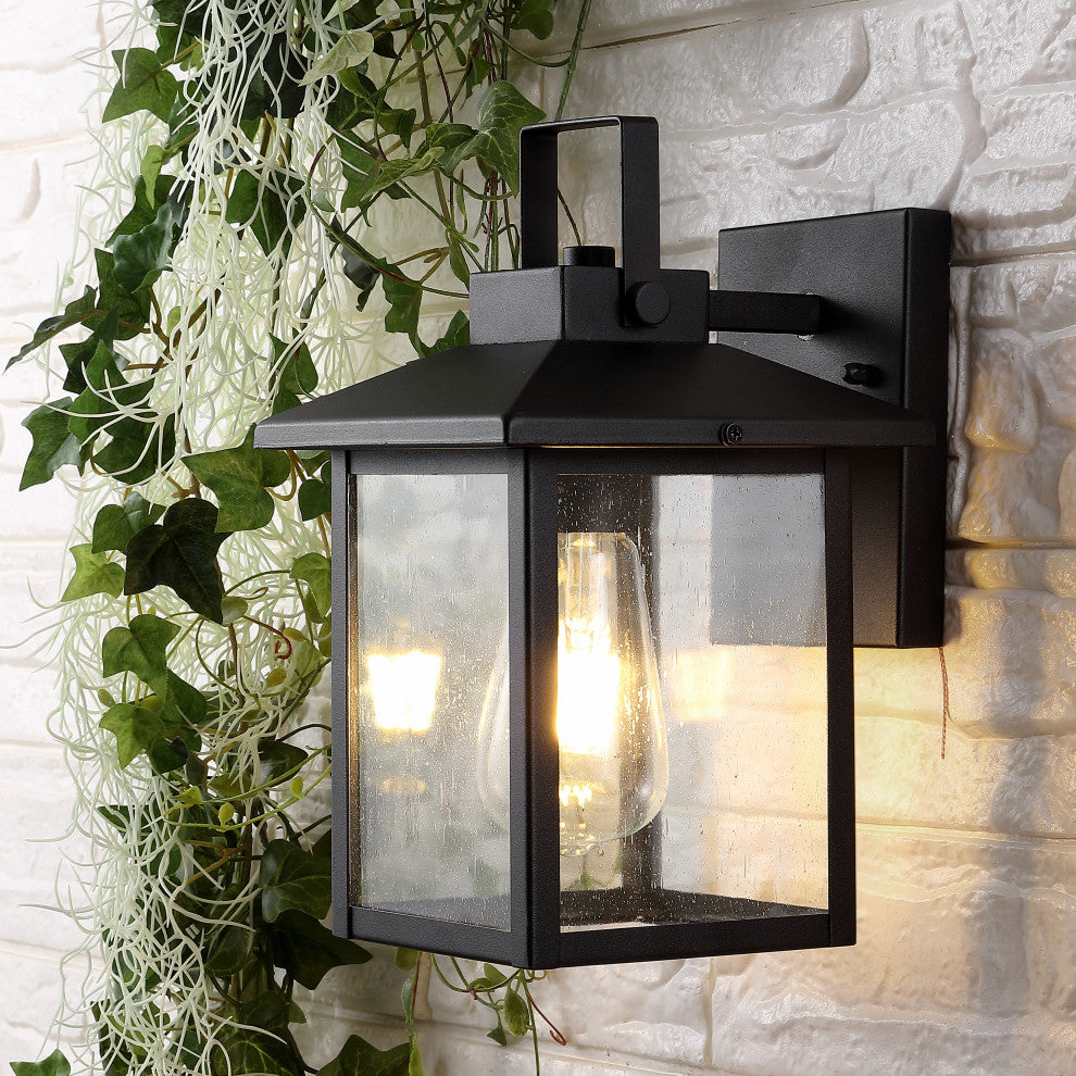 Bungalow 6.75" 1-Light Iron/Seeded Glass RusticOutdoor Lantern, Black, Set of 2