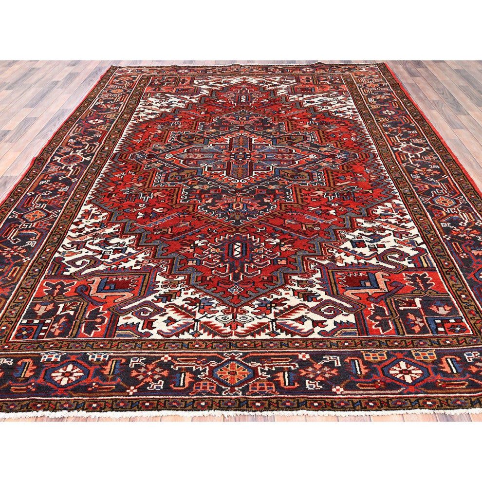 Imperial Red Semi Antique Persian Heriz Worn Wool Hand Knotted Rug 8'1"x11'1"