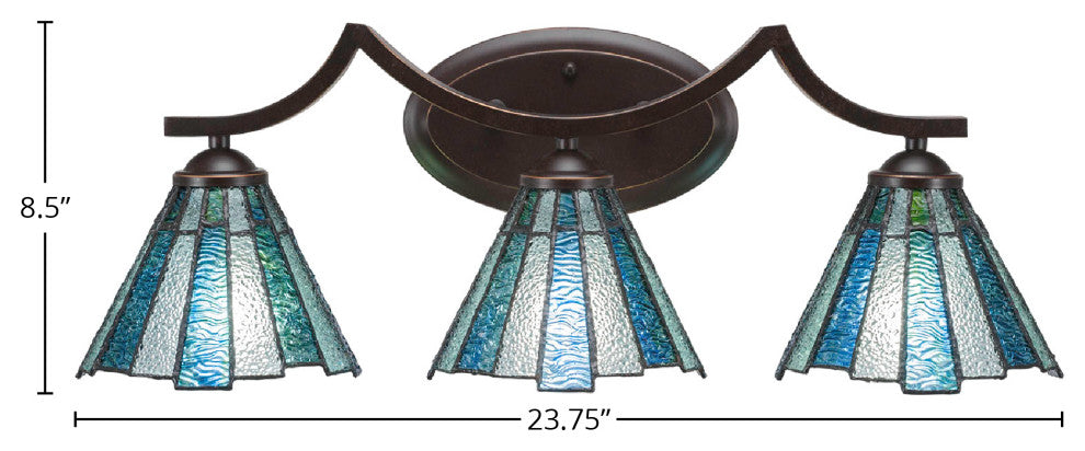 Zilo 3-Light Bath Bar, Dark Granite Finish With 7" Sea Ice Art Glass