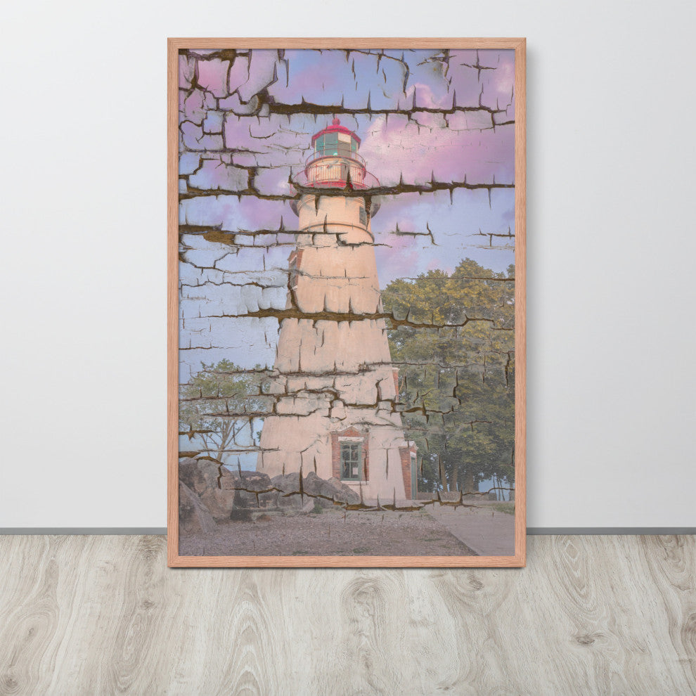 Faux Wood Texture Marblehead Lighthouse at Sunset Framed Photo Wall Art Print, Red Oak, 24" X 36"