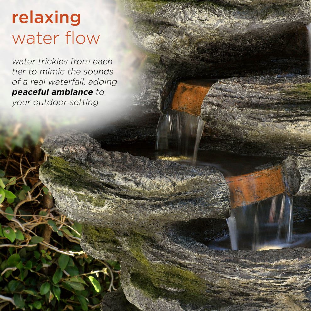 58" Tall Outdoor 8-Tier Rainforest Rock Water Fountain With LED Lights