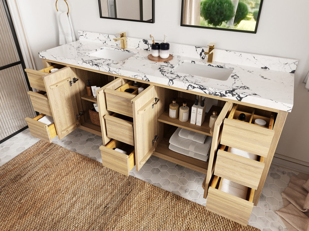 Elizabeth Oak 84" Double Sink Vanity, White 2" Calacatta Black