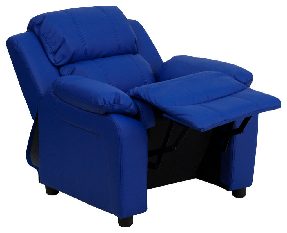 Deluxe Padded Kids Recliner With Storage Arms, Blue Vinyl