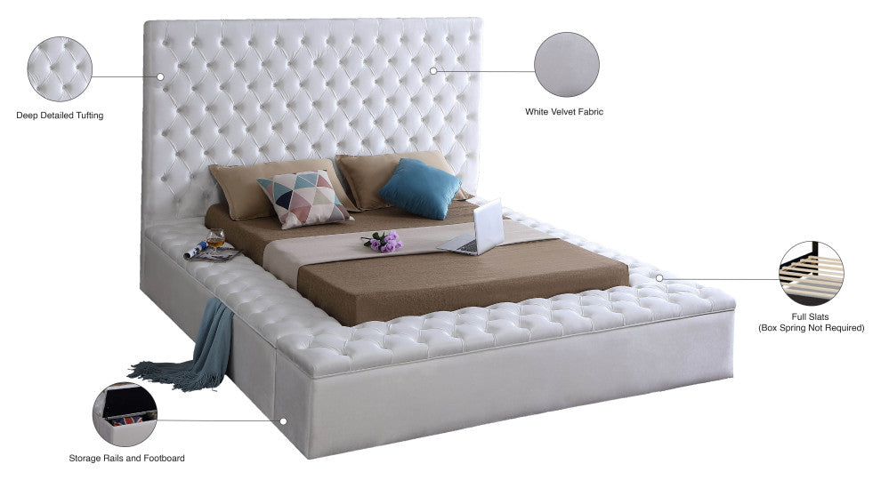 Bliss Velvet Upholstered  Bed, White, Full