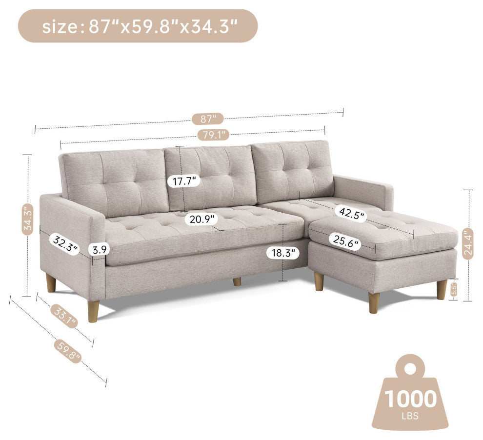 Stagecoach 87" 2-Piece Tufted Reversible Sectional With Ottoman, Beige