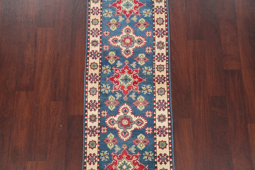 Hand-Knotted Kazak Pakistani Oriental Runner Rug Traditional, Blue, 5'11"X2'0"