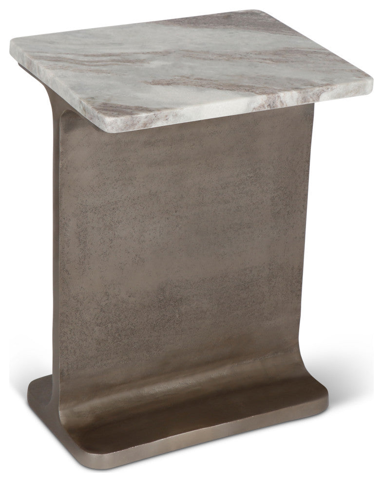 Marbelle I-Beam Marble Side Table, Toronto Sand/Antique Nickel Finish